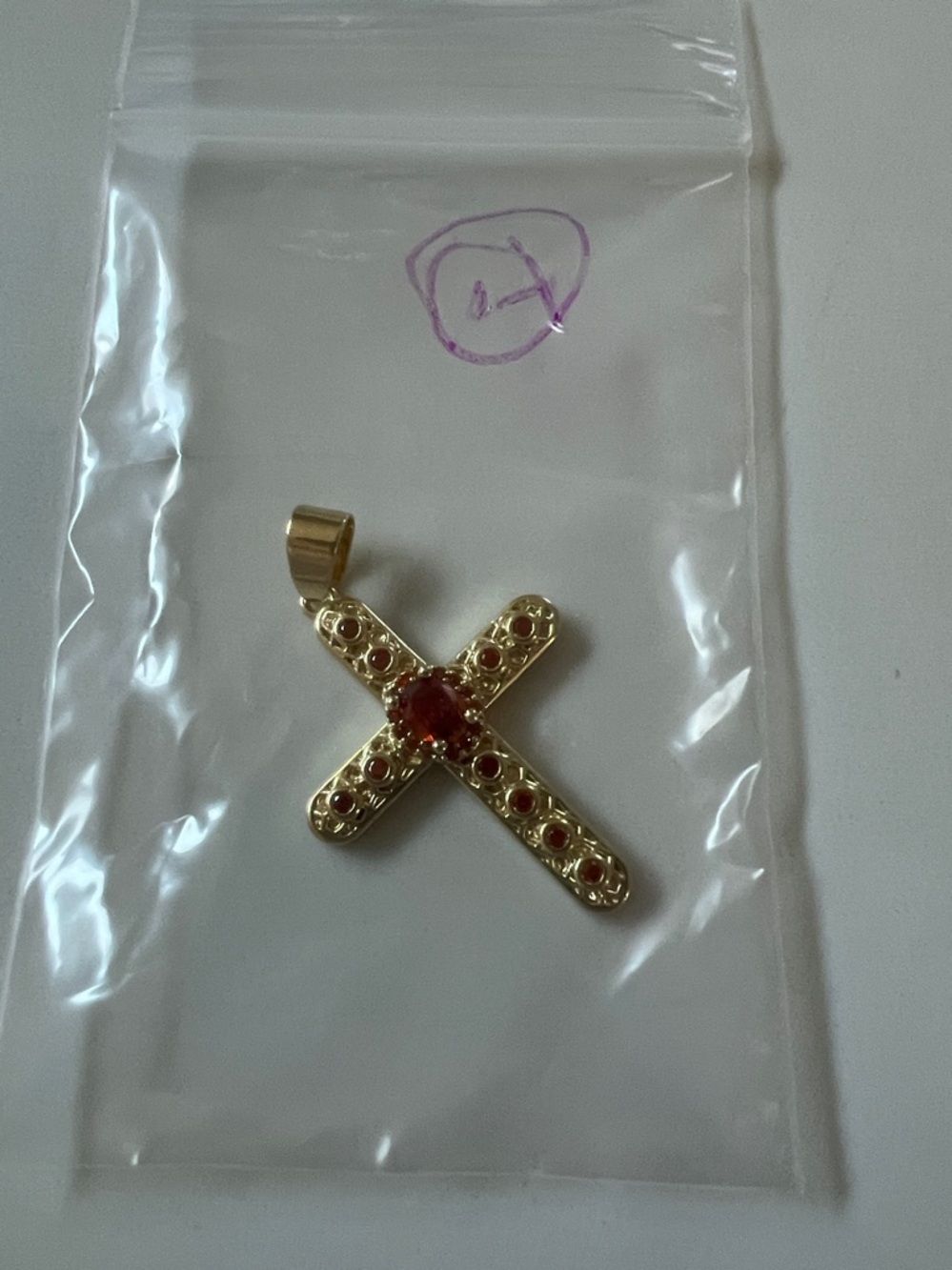 Gold Plated Cross Pendant with Orange Red Gemstones - Elegant Women's Jewelry - Picture 5 of 5